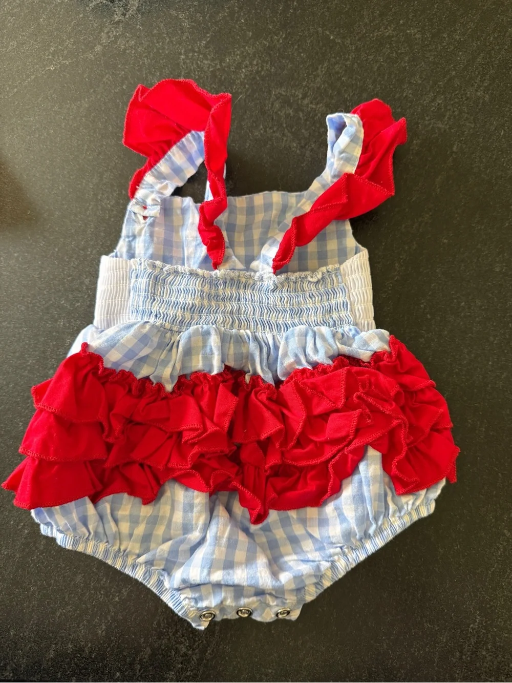 Blue Gingham Baby One-Piece with Red Ruffle Straps and Baseball Embroidery